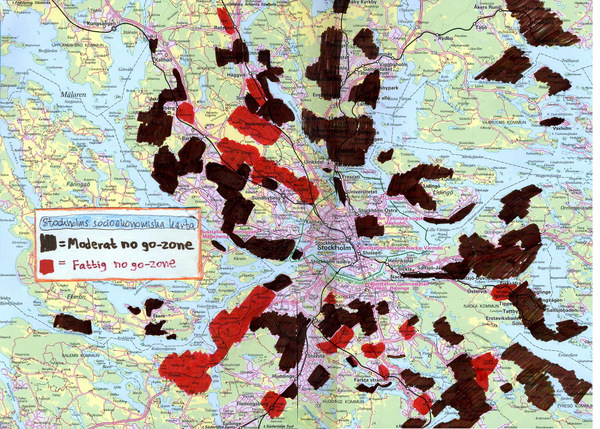 Stockholms socioekonomiska karta med no go zones inritade. 
  Lågupplöst version